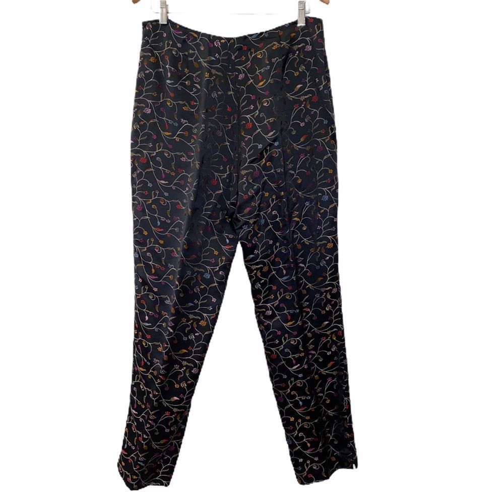 TAO Black Floral Embroidered Multicolor Vintage Satin Pants